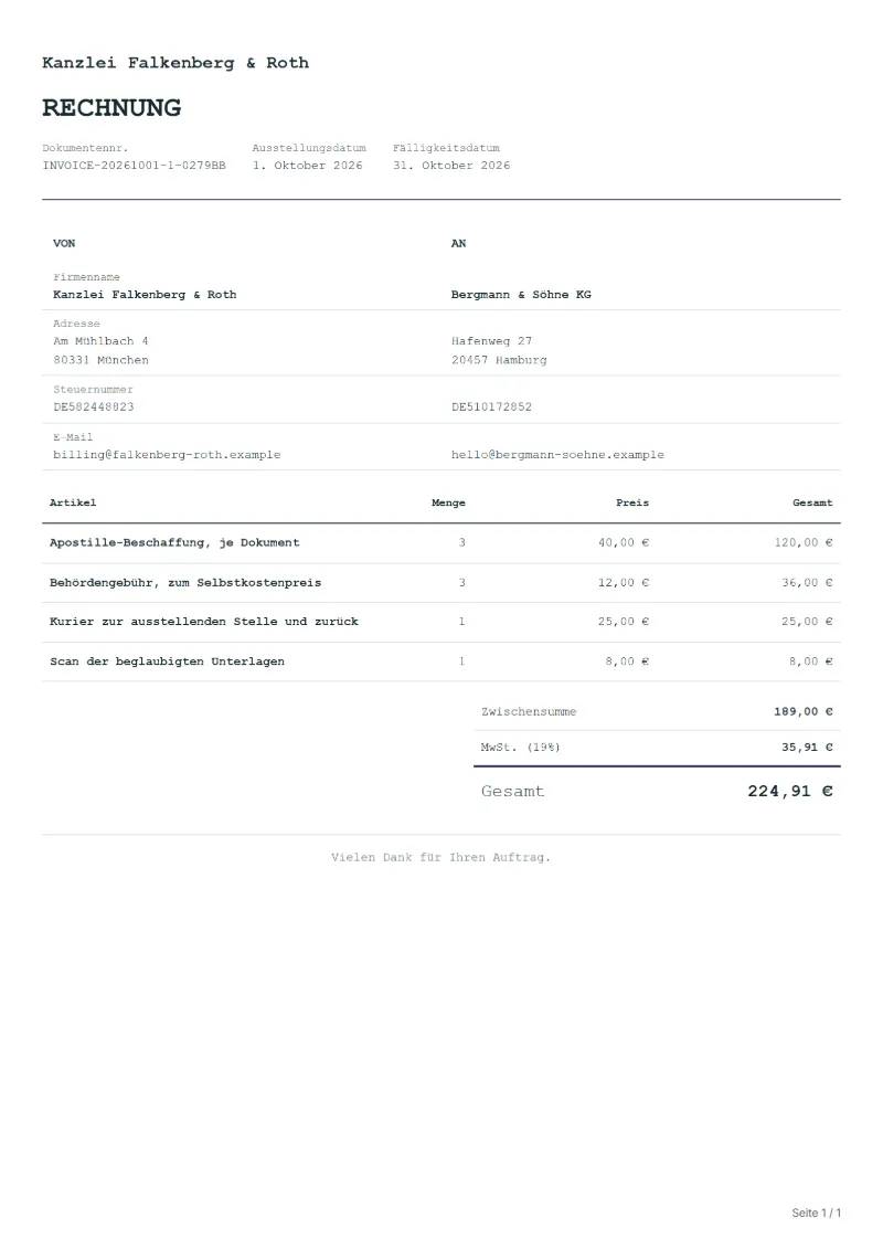 Rechnung für Apostille-Service (kostenlos): ausgefülltes Beispiel mit Positionen, Mengen, Preisen und Gesamtbetrag