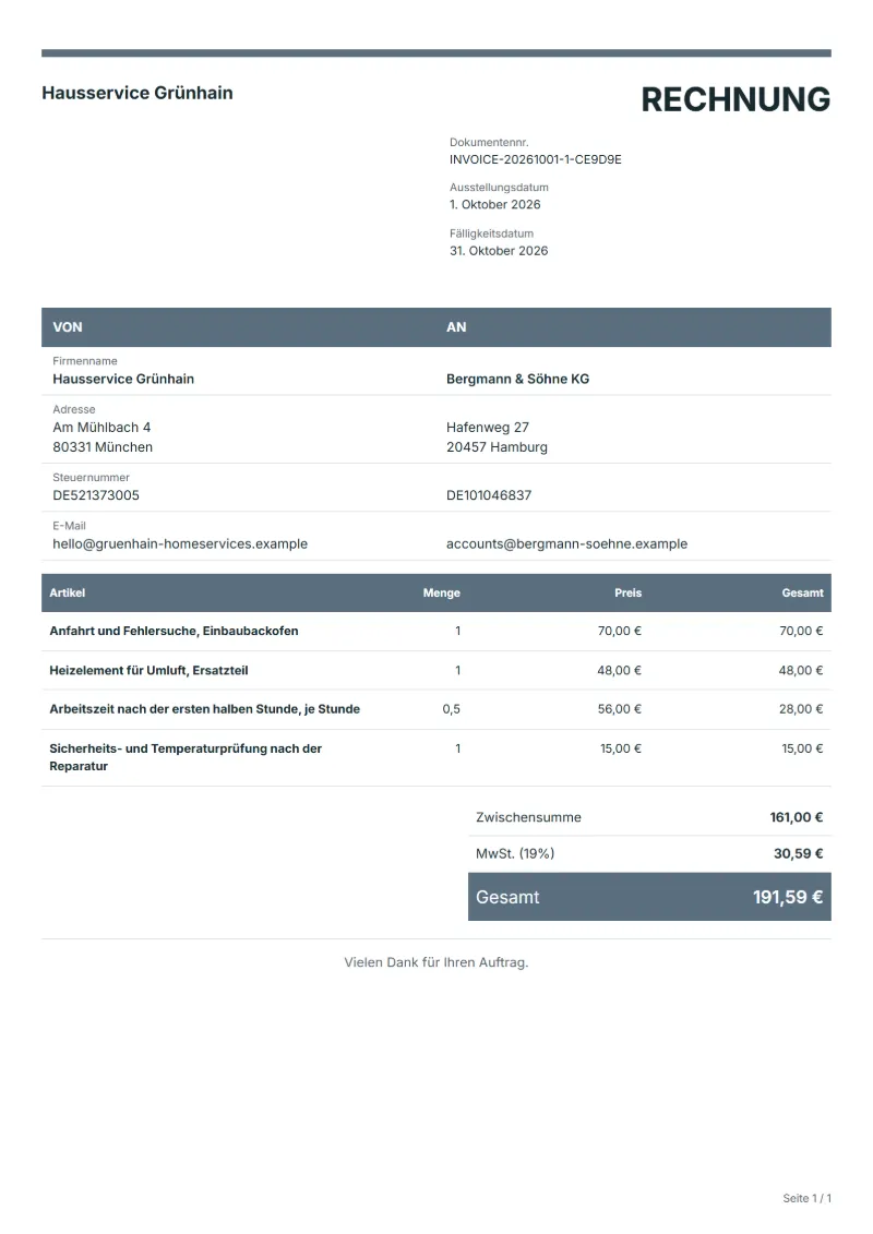 Rechnung für Hausgerätereparatur (kostenlos): ausgefülltes Beispiel mit Positionen, Mengen, Preisen und Gesamtbetrag