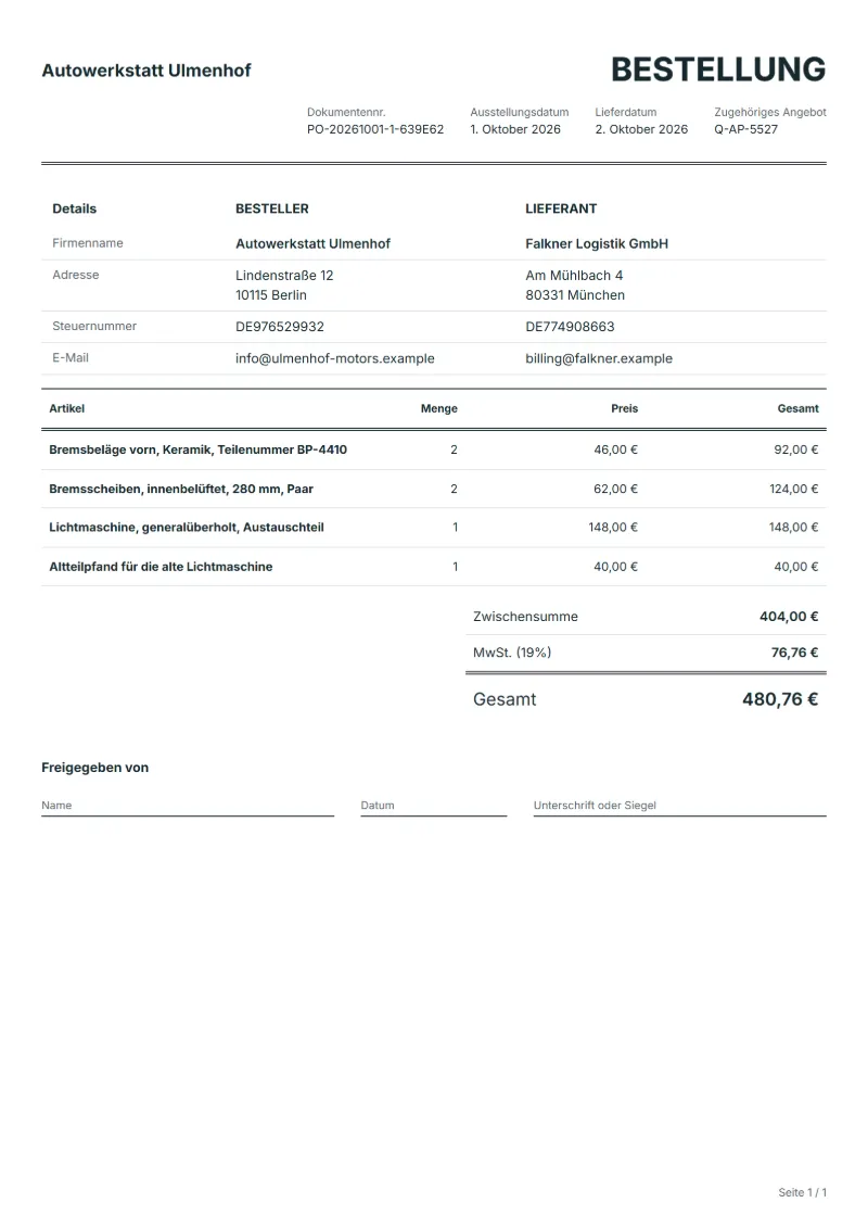 Bestellung Kfz-Teile Vorlage (kostenlos): ausgefülltes Beispiel mit Positionen, Mengen, Preisen und Gesamtbetrag