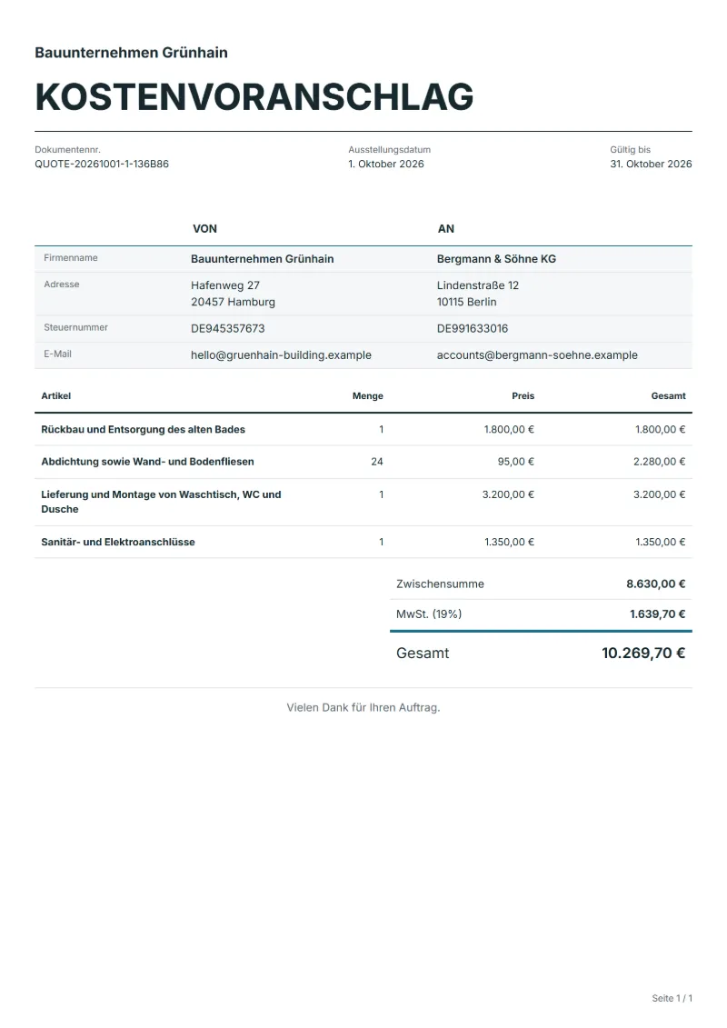 Kostenvoranschlag Badsanierung (kostenlos): ausgefülltes Beispiel mit Positionen, Mengen, Preisen und Gesamtbetrag