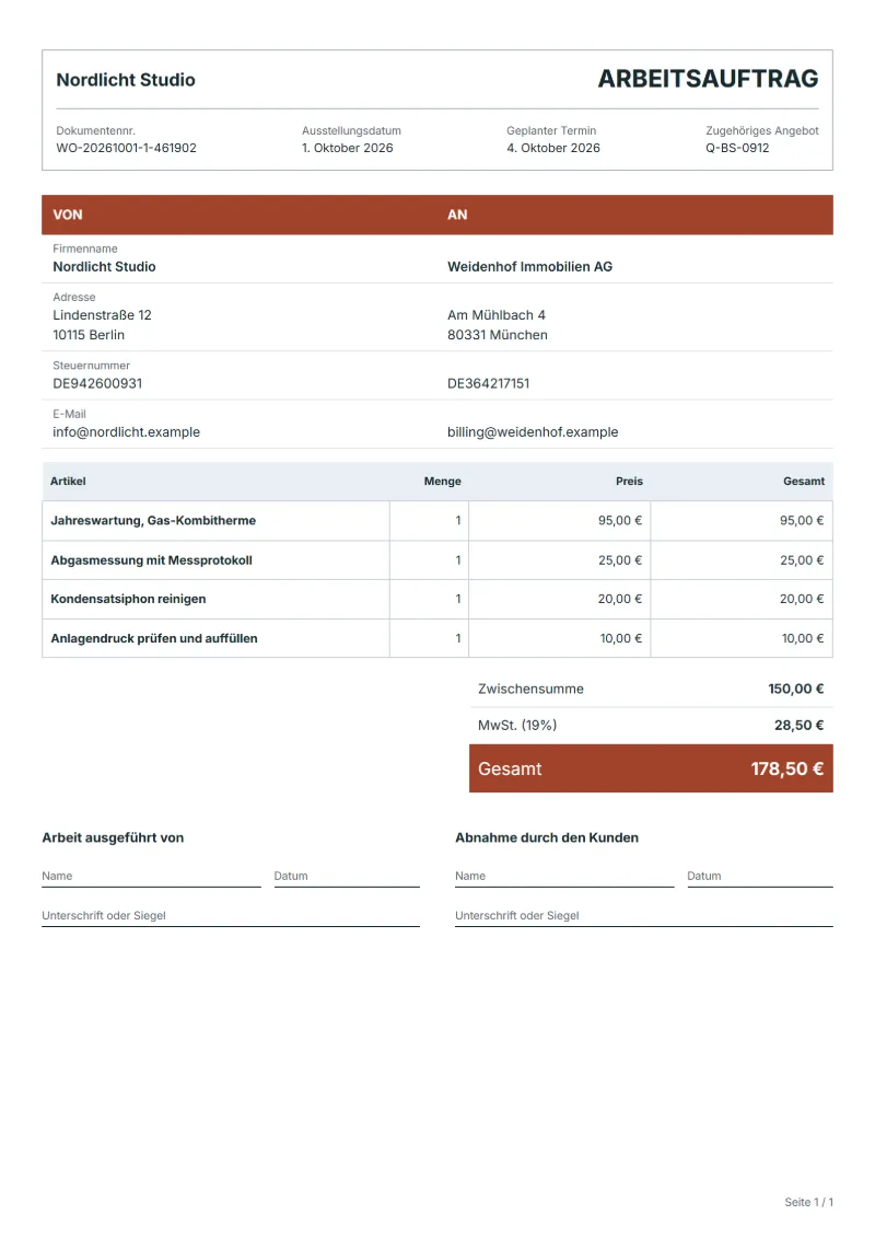 Arbeitsauftrag für Heizkesselwartung (kostenlos): ausgefülltes Beispiel mit Positionen, Mengen, Preisen und Gesamtbetrag