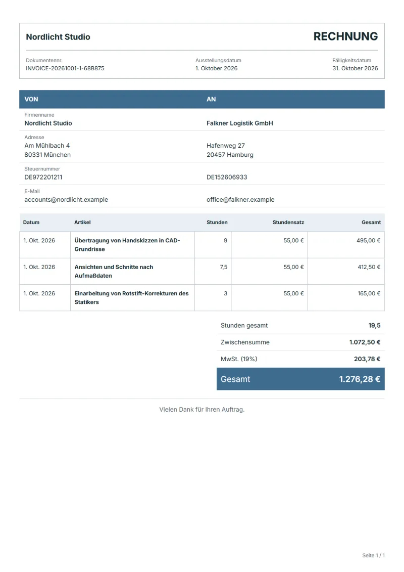 Rechnung für CAD-Zeichenarbeiten (kostenlos): ausgefülltes Beispiel mit Datum, Stunden, Stundensätzen und Gesamtbetrag
