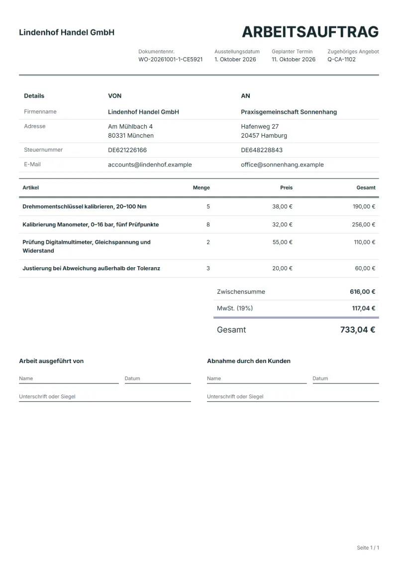 Arbeitsauftrag für Kalibrierung (kostenlos): ausgefülltes Beispiel mit Positionen, Mengen, Preisen und Gesamtbetrag