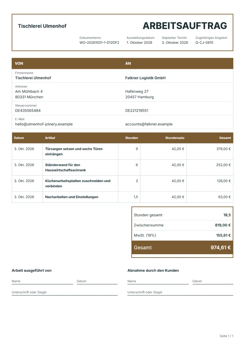 Arbeitsauftrag für Tischlerarbeiten (kostenlos): ausgefülltes Beispiel mit Datum, Stunden, Stundensätzen und Gesamtbetrag