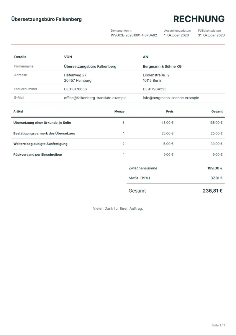 Rechnung für beglaubigte Übersetzungen (kostenlos): ausgefülltes Beispiel mit Positionen, Mengen, Preisen und Gesamtbetrag