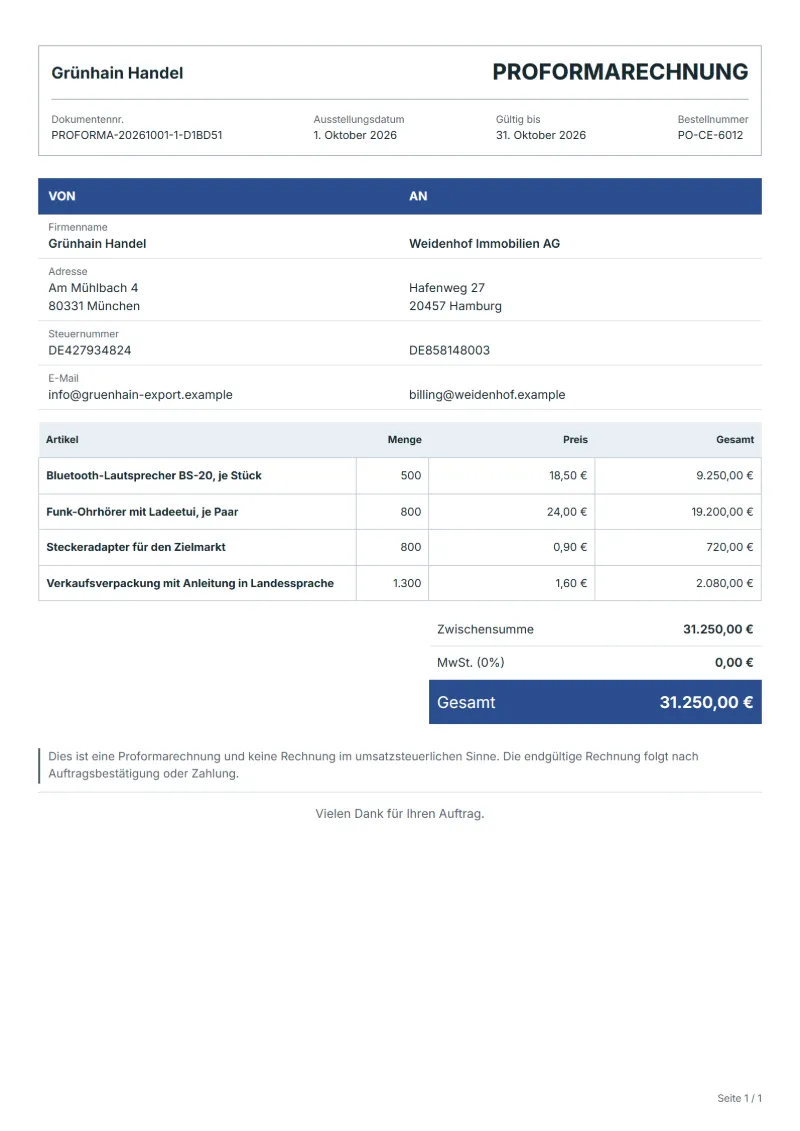 Proformarechnung für Unterhaltungselektronik (kostenlos): ausgefülltes Beispiel mit Positionen und Gesamtbetrag