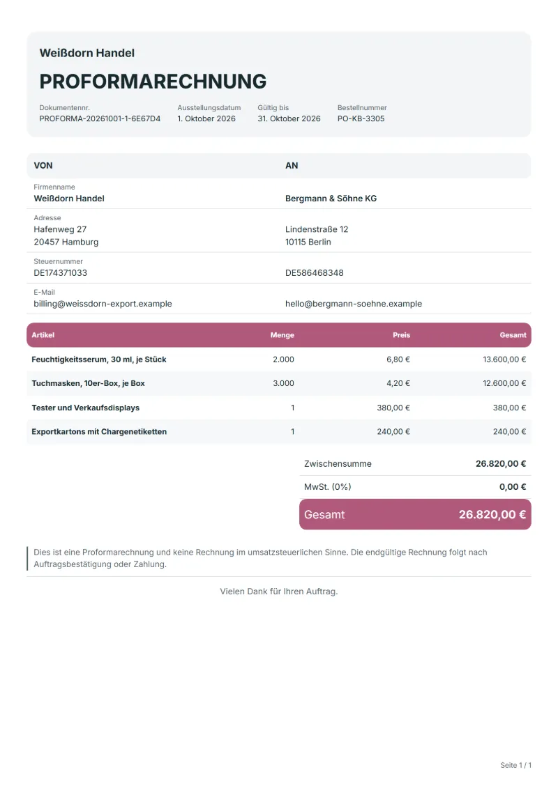 Proformarechnung für den Kosmetik-Export (kostenlos): ausgefülltes Beispiel mit Positionen, Mengen, Preisen und Gesamtbetrag