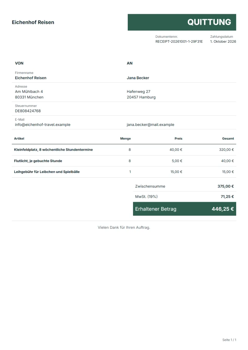 Quittung für die Hallen- und Platzbuchung (kostenlos): ausgefülltes Beispiel mit Positionen, Mengen, Preisen und Gesamtbetrag