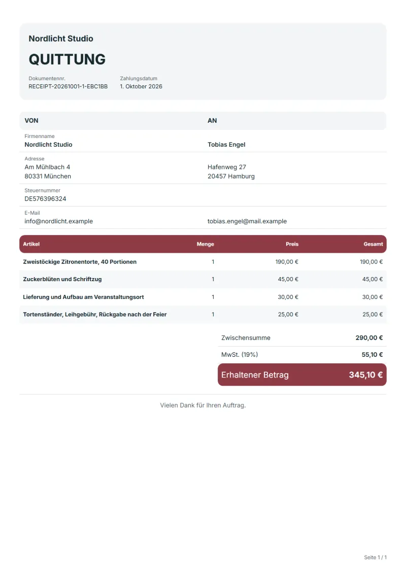 Quittung für Torten auf Bestellung (kostenlos): ausgefülltes Beispiel mit Positionen, Mengen, Preisen und Gesamtbetrag