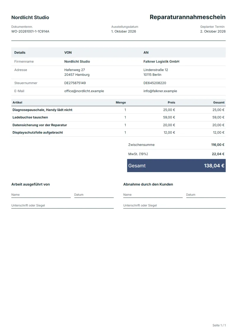 Reparaturannahmeschein für Handys und Tablets (kostenlos): ausgefülltes Beispiel mit Positionen und Gesamtbetrag