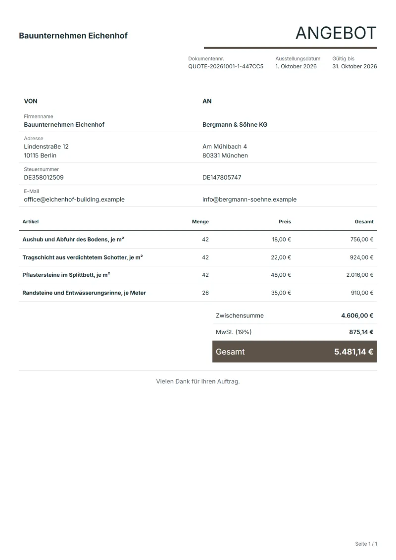 Angebot für das Pflastern der Einfahrt (kostenlos): ausgefülltes Beispiel mit Positionen, Mengen, Preisen und Gesamtbetrag