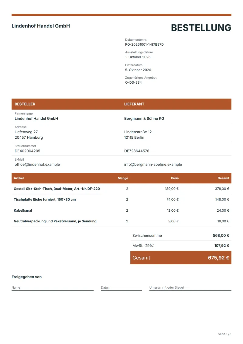Bestellung für Streckengeschäft Vorlage (kostenlos): ausgefülltes Beispiel mit Positionen, Mengen, Preisen und Gesamtbetrag