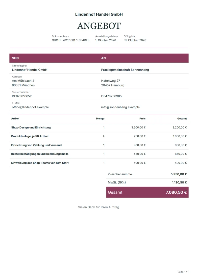Angebot für einen Onlineshop (kostenlos): ausgefülltes Beispiel mit Positionen, Mengen, Preisen und Gesamtbetrag