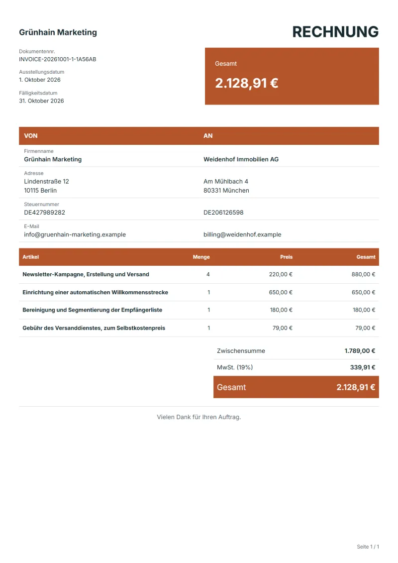 Rechnung für E-Mail-Marketing (kostenlos): ausgefülltes Beispiel mit Positionen, Mengen, Preisen und Gesamtbetrag