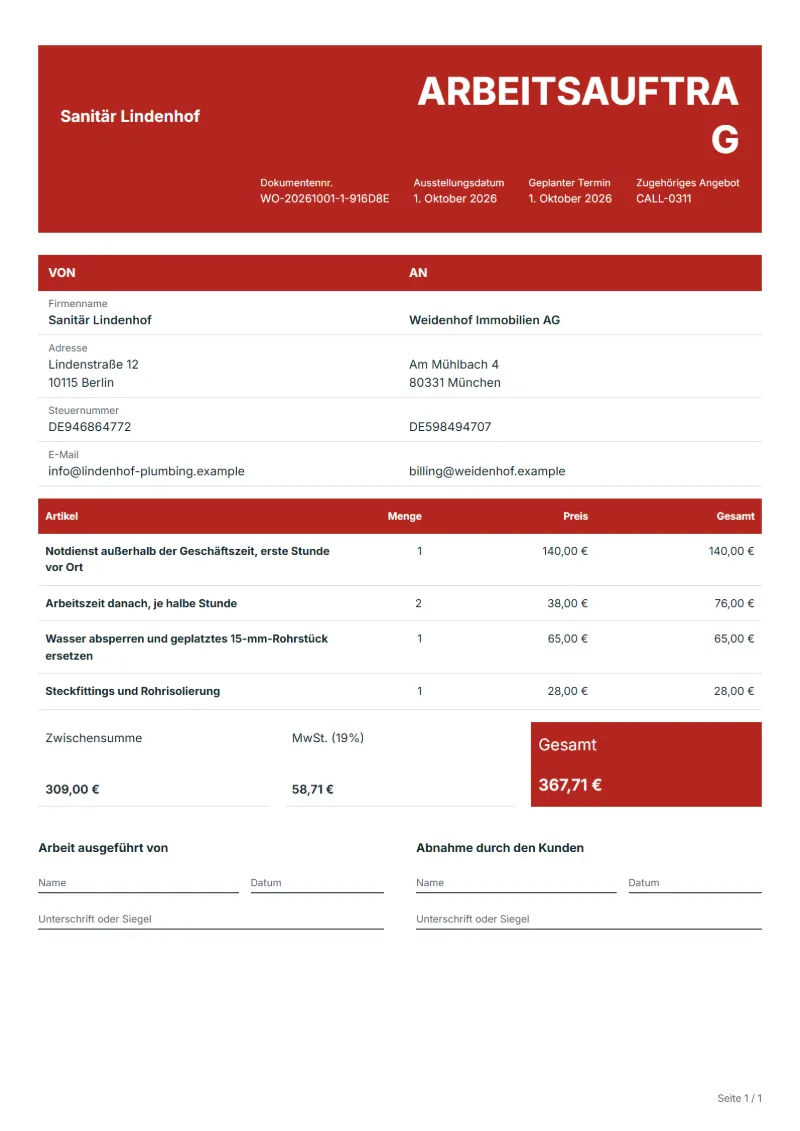 Arbeitsauftrag für Sanitär-Notdienst (kostenlos): ausgefülltes Beispiel mit Positionen, Mengen, Preisen und Gesamtbetrag