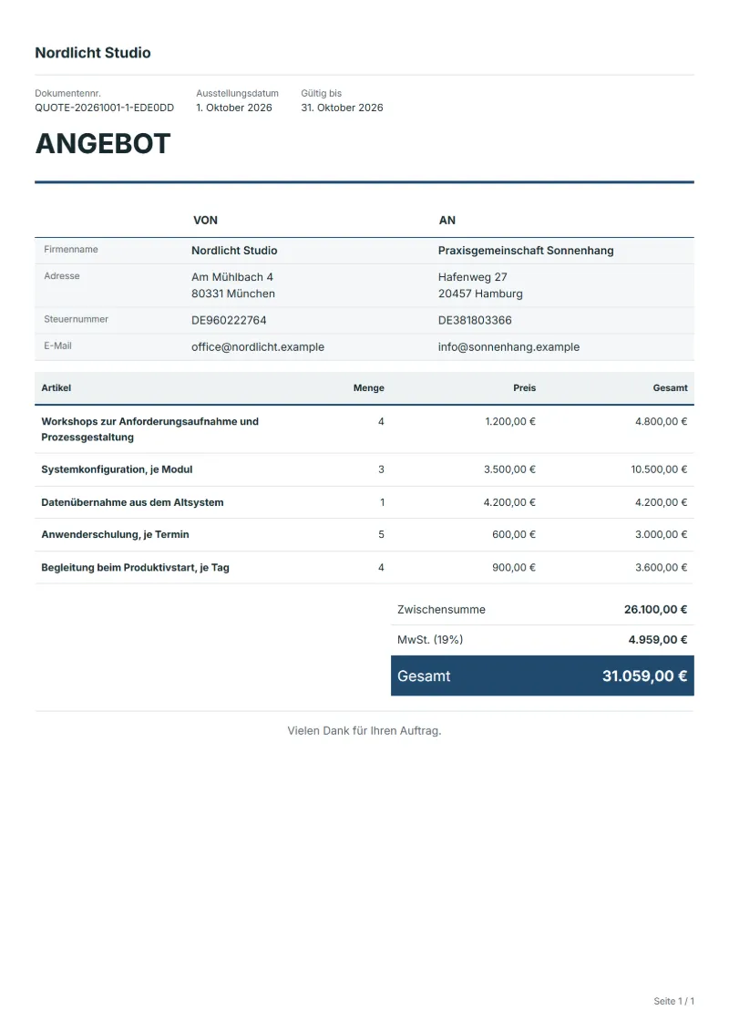 Angebot für ERP- und CRM-Einführung (kostenlos): ausgefülltes Beispiel mit Positionen, Mengen, Preisen und Gesamtbetrag