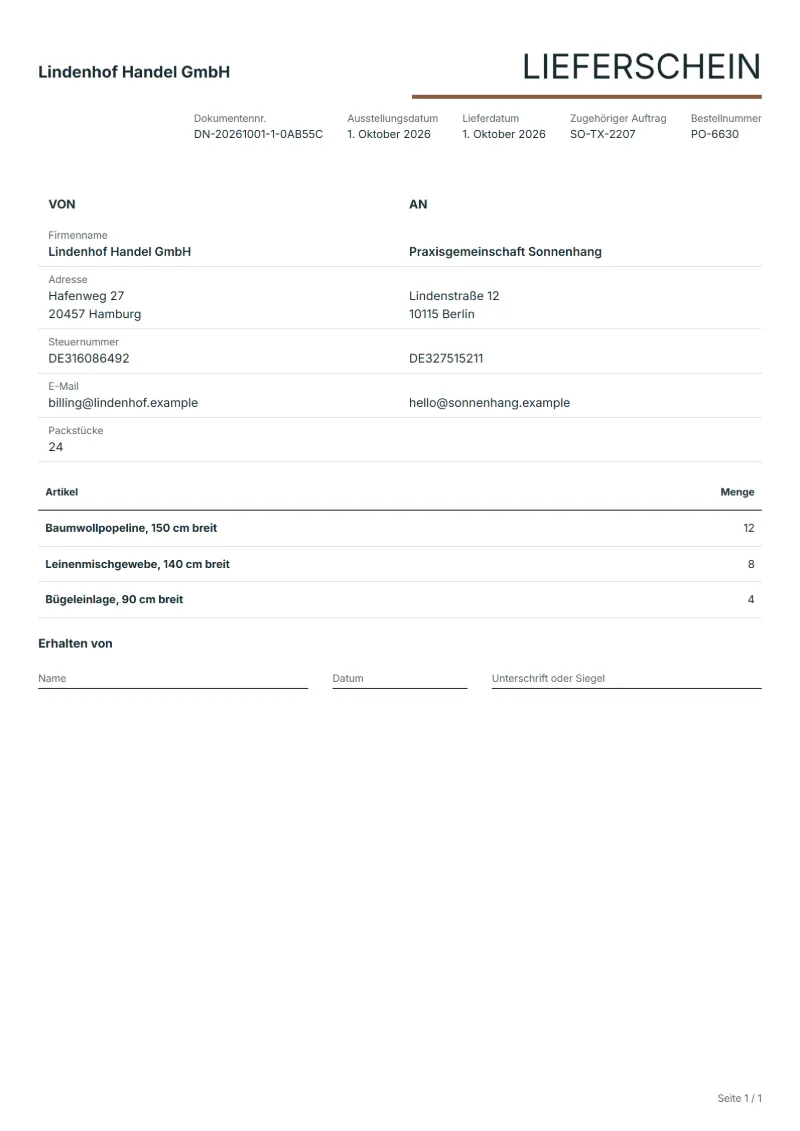 Lieferschein für Stoffballen (kostenlos): ausgefülltes Beispiel mit Positionen, Mengen und Unterschriftsfeld