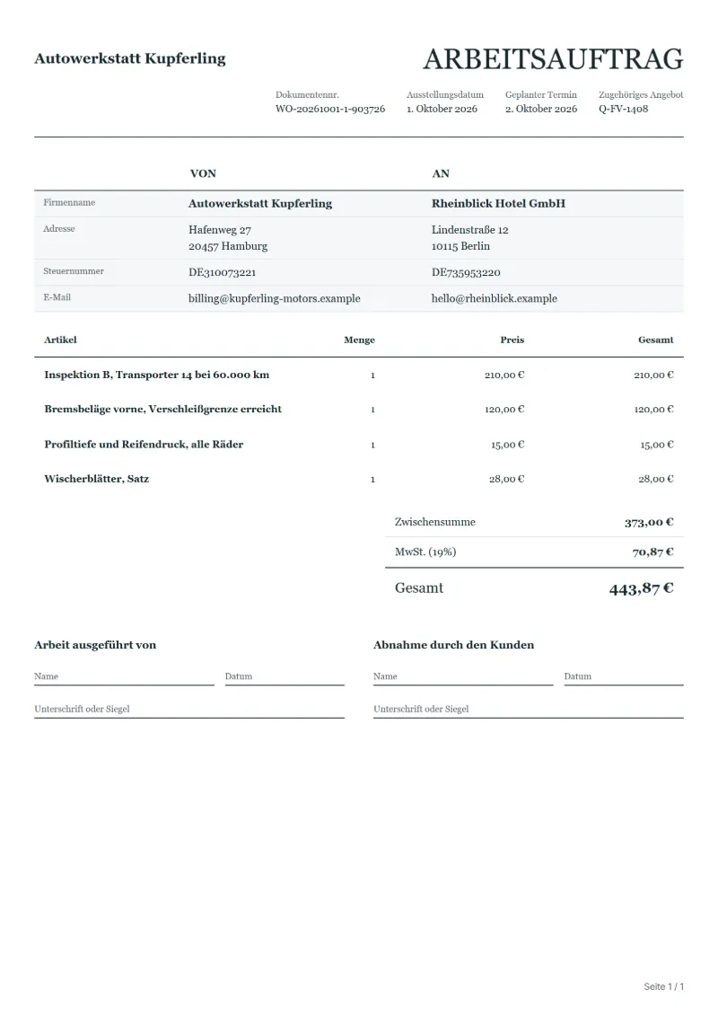 Arbeitsauftrag für Fuhrparkwartung (kostenlos): ausgefülltes Beispiel mit Positionen, Mengen, Preisen und Gesamtbetrag
