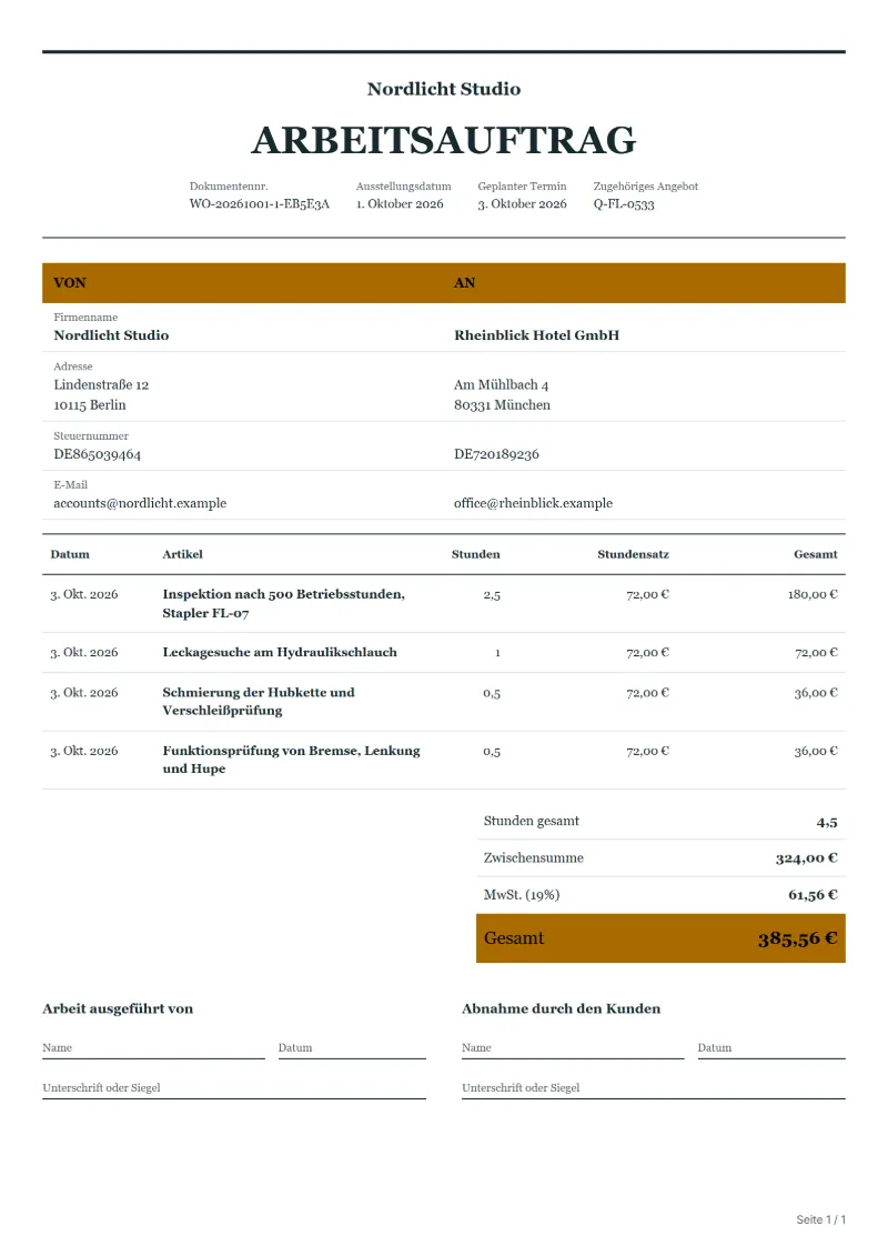 Arbeitsauftrag für Gabelstaplerwartung (kostenlos): ausgefülltes Beispiel mit Datum, Stunden, Stundensätzen und Gesamtbetrag