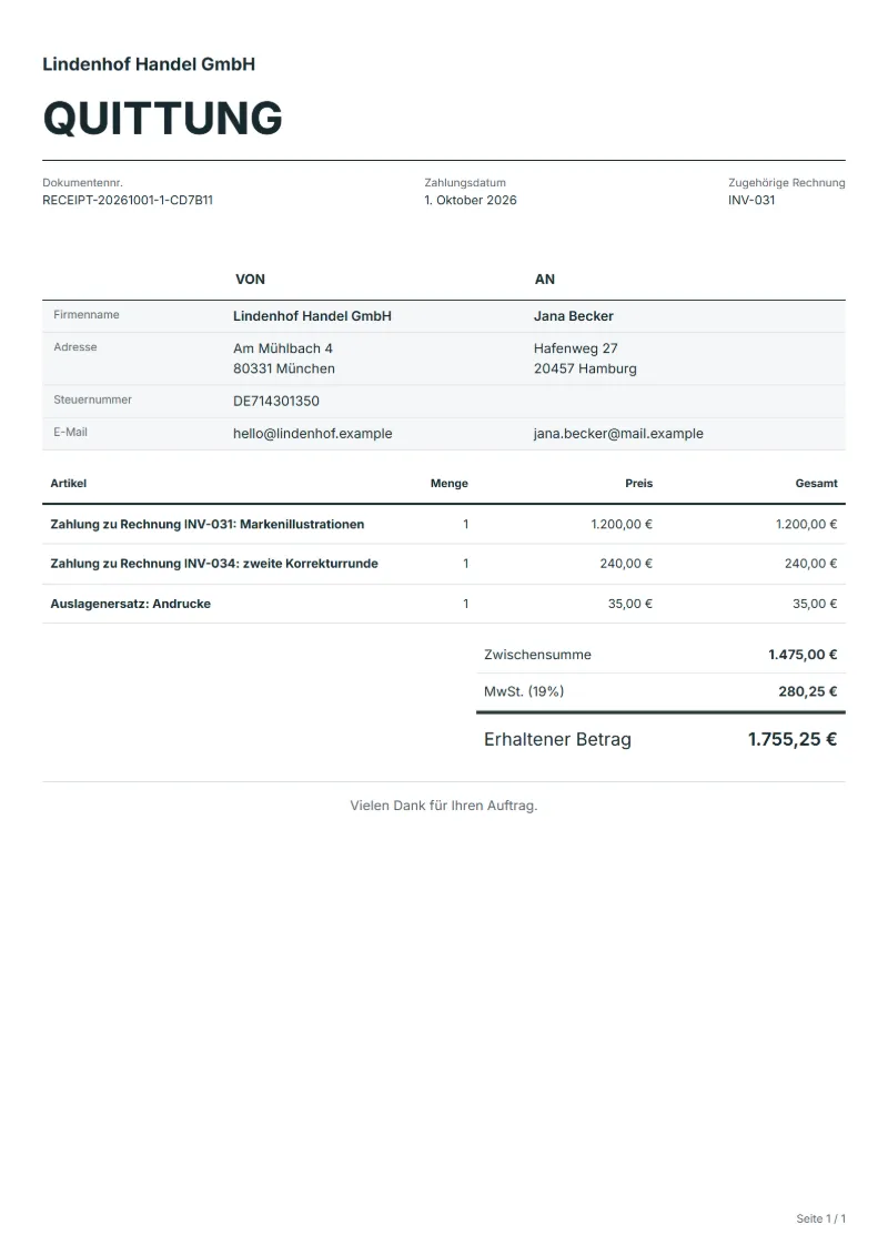 Quittung für Freelancer-Honorare (kostenlos): ausgefülltes Beispiel mit Positionen, Mengen, Preisen und Gesamtbetrag