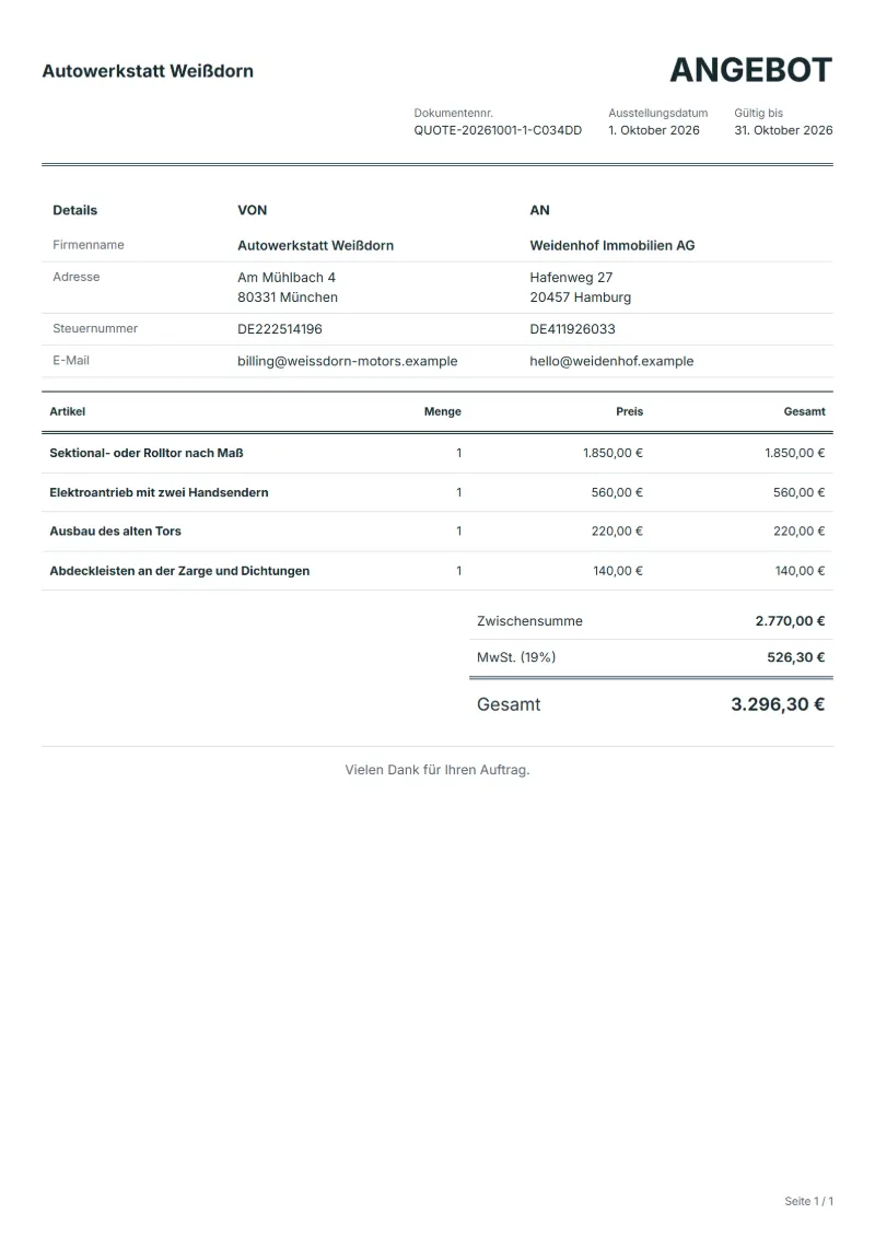 Angebot für ein Garagentor (kostenlos): ausgefülltes Beispiel mit Positionen, Mengen, Preisen und Gesamtbetrag