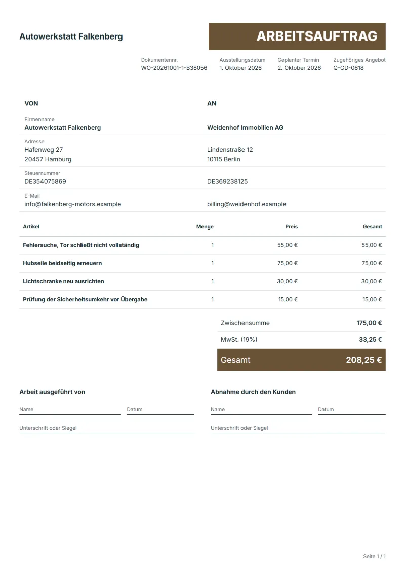 Arbeitsauftrag für Garagentor-Reparatur (kostenlos): ausgefülltes Beispiel mit Positionen, Mengen, Preisen und Gesamtbetrag