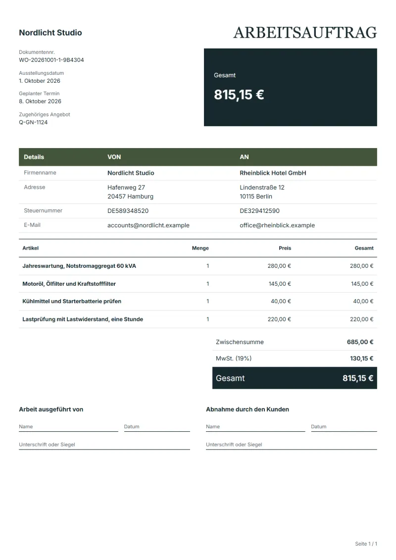 Arbeitsauftrag für Notstromaggregat-Wartung (kostenlos): ausgefülltes Beispiel mit Positionen und Gesamtbetrag