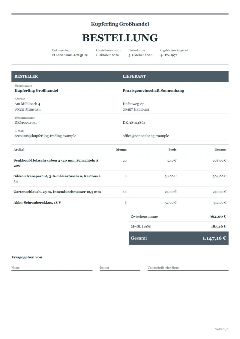 Bestellung für Eisenwarenhandel Vorlage (kostenlos): ausgefülltes Beispiel mit Positionen, Mengen, Preisen und Gesamtbetrag