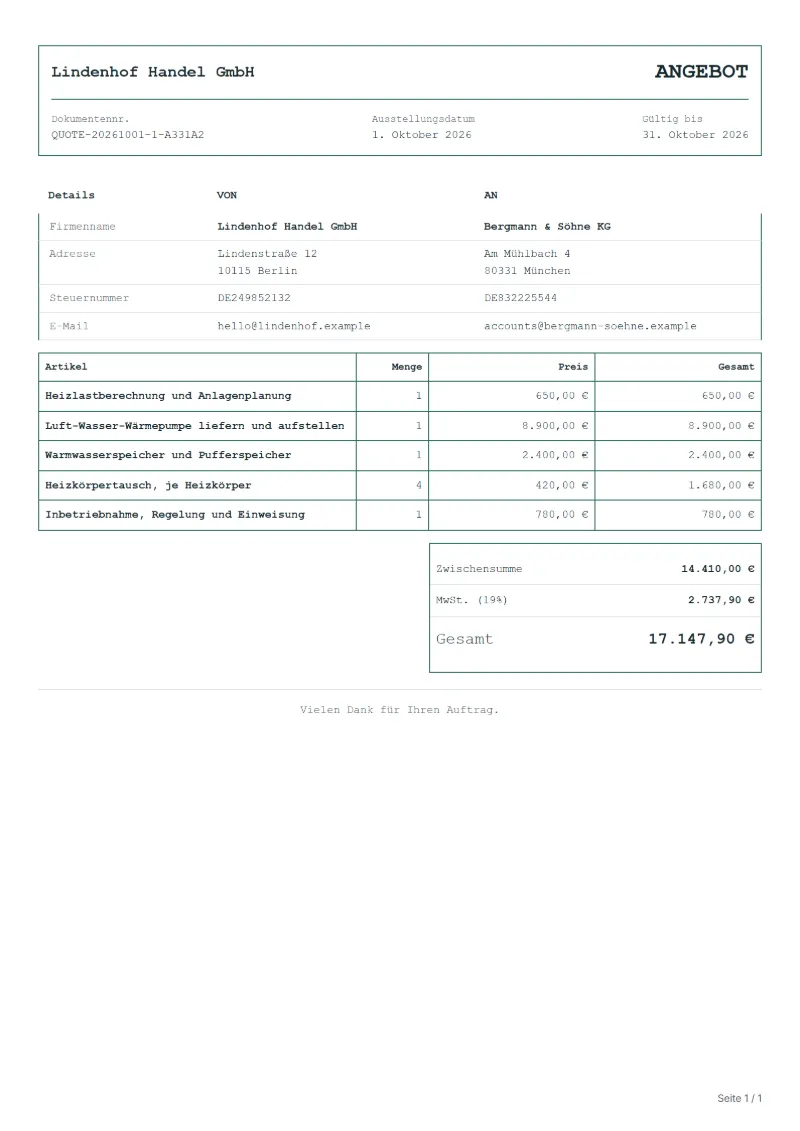 Angebot für den Einbau einer Wärmepumpe (kostenlos): ausgefülltes Beispiel mit Positionen, Mengen, Preisen und Gesamtbetrag
