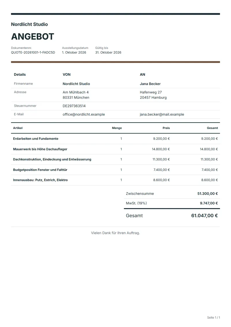 Angebot für einen Anbau am Wohnhaus (kostenlos): ausgefülltes Beispiel mit Positionen, Mengen, Preisen und Gesamtbetrag