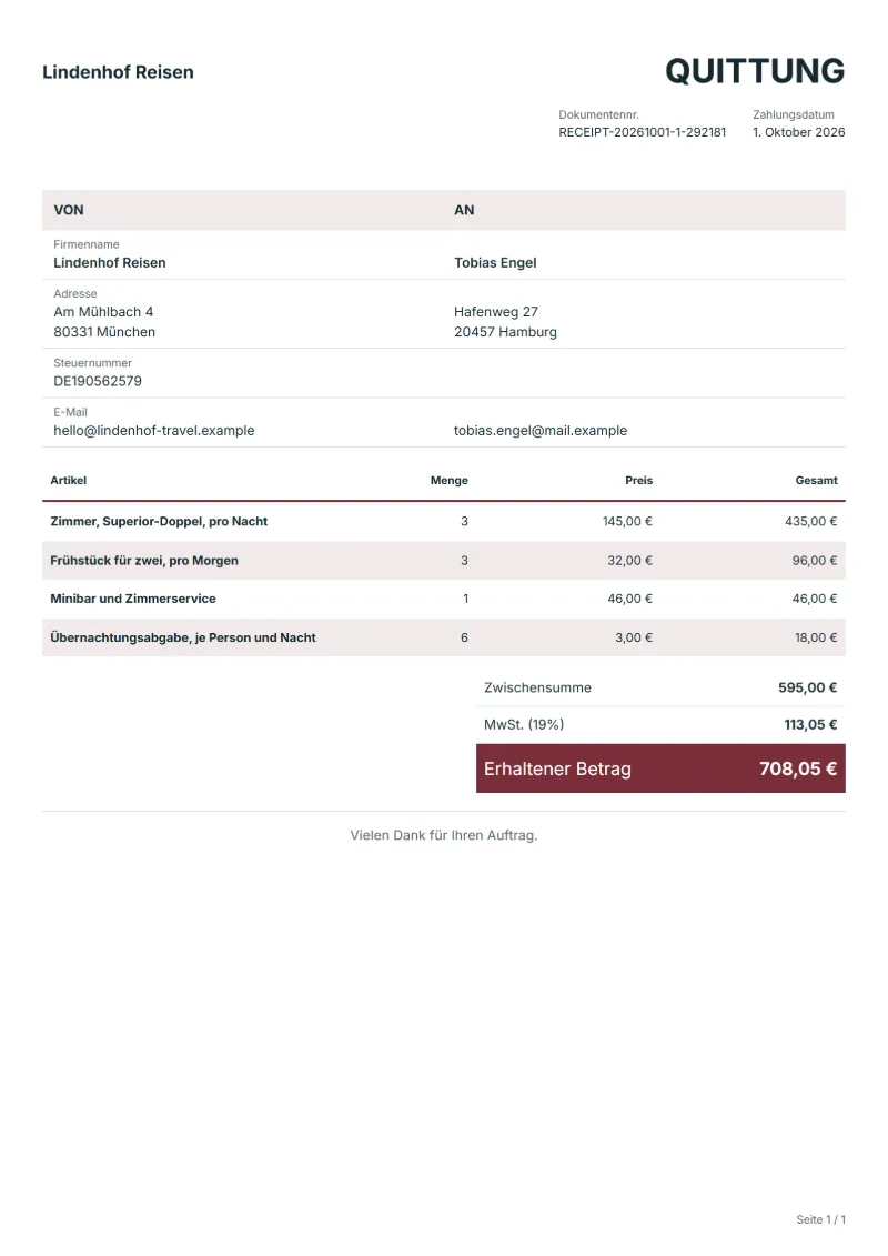 Hotelquittung zum Check-out (kostenlos): ausgefülltes Beispiel mit Positionen, Mengen, Preisen und Gesamtbetrag