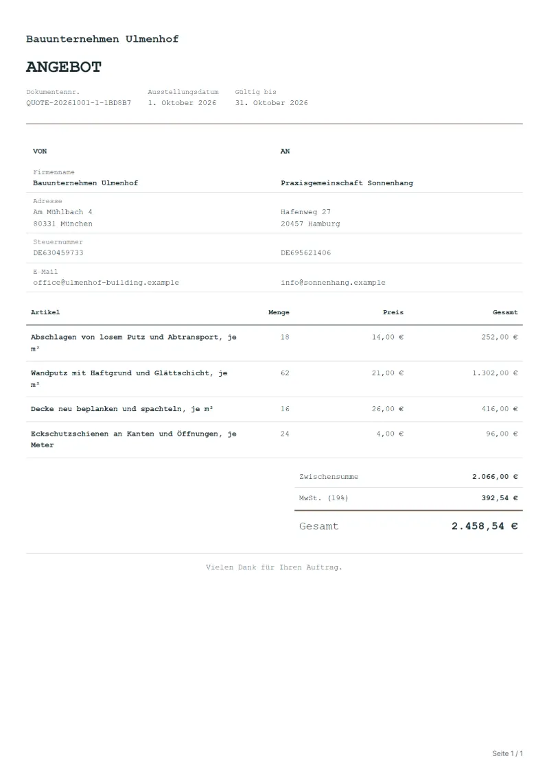 Angebot für Innenputzarbeiten (kostenlos): ausgefülltes Beispiel mit Positionen, Mengen, Preisen und Gesamtbetrag
