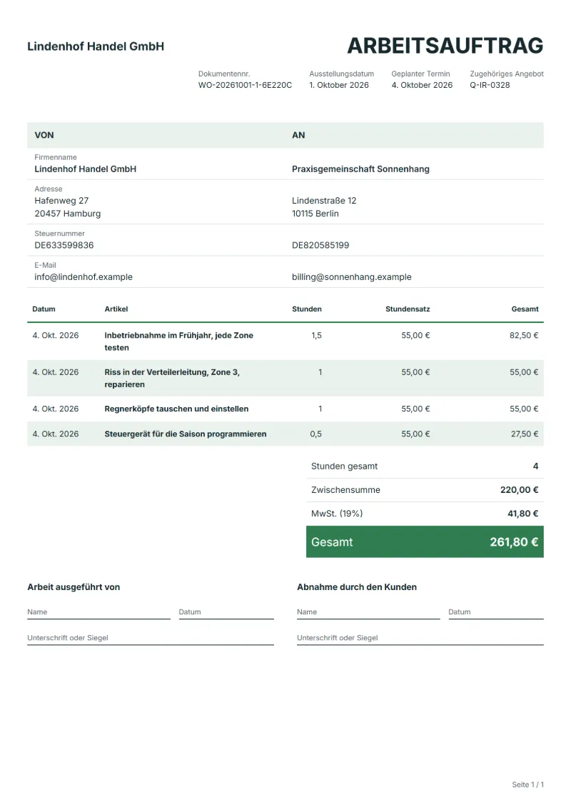 Arbeitsauftrag für Bewässerungsanlagen (kostenlos): ausgefülltes Beispiel mit Datum, Stunden, Stundensätzen und Gesamtbetrag