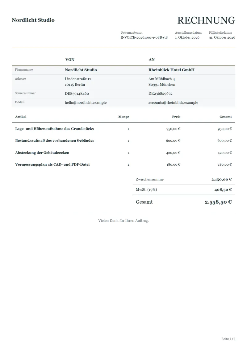 Rechnung für Vermessungsleistungen (kostenlos): ausgefülltes Beispiel mit Positionen, Mengen, Preisen und Gesamtbetrag