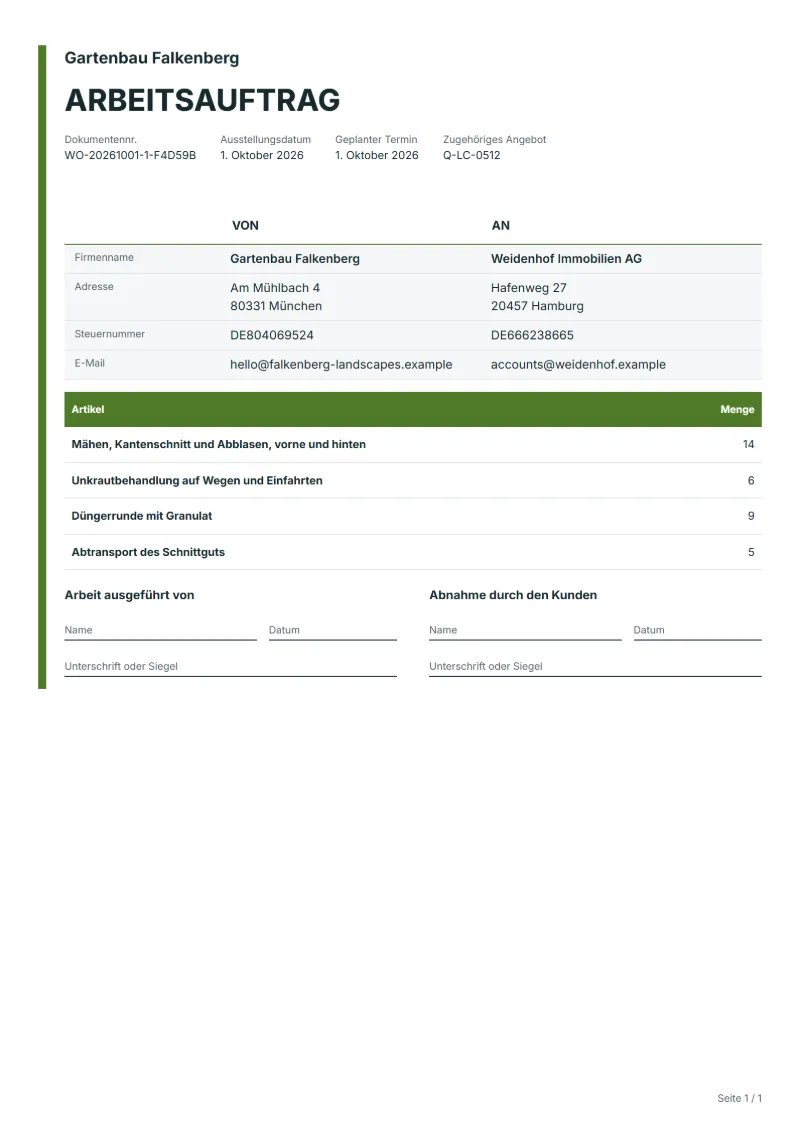 Arbeitsauftrag für Rasenpflege-Touren (kostenlos): ausgefülltes Beispiel mit Positionen, Mengen und Unterschriftsfeld