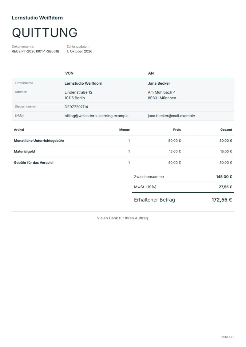 Quittungsvorlage für Unterrichtsgebühren (kostenlos): ausgefülltes Beispiel mit Positionen, Mengen, Preisen und Gesamtbetrag