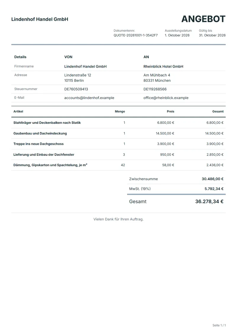 Angebot für den Dachgeschossausbau (kostenlos): ausgefülltes Beispiel mit Positionen, Mengen, Preisen und Gesamtbetrag