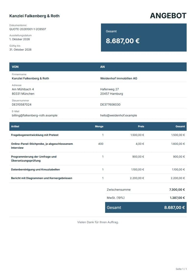 Angebot für eine Marktforschungsumfrage (kostenlos): ausgefülltes Beispiel mit Positionen, Mengen, Preisen und Gesamtbetrag