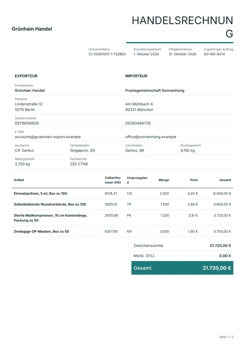 Handelsrechnung für medizinische Einwegartikel (kostenlos): ausgefülltes Beispiel mit Positionen und Gesamtbetrag