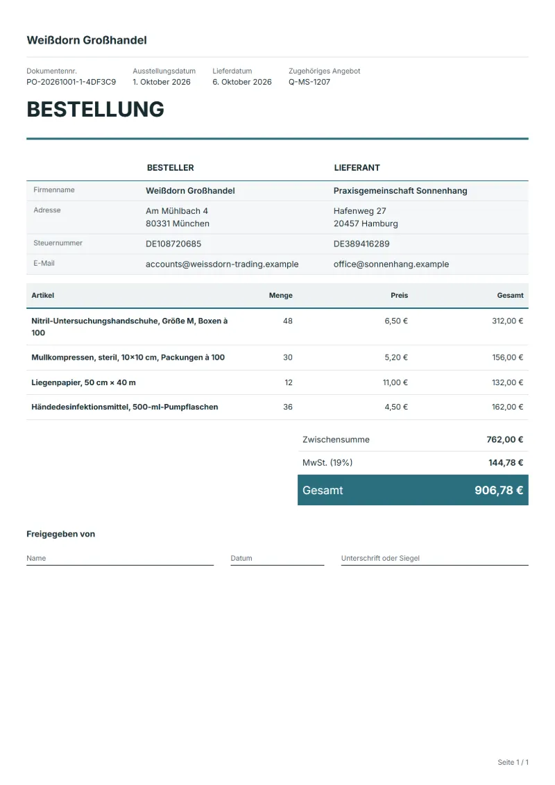 Bestellung für Praxisbedarf Vorlage (kostenlos): ausgefülltes Beispiel mit Positionen, Mengen, Preisen und Gesamtbetrag