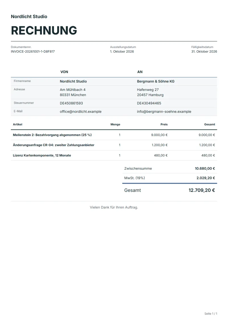 Meilensteinrechnung Vorlage (kostenlos): ausgefülltes Beispiel mit Positionen, Mengen, Preisen und Gesamtbetrag