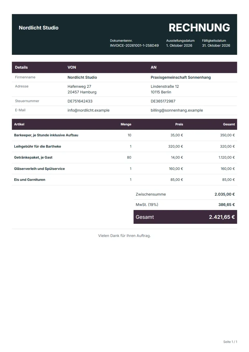 Rechnung für mobile Bar und Barkeeper (kostenlos): ausgefülltes Beispiel mit Positionen, Mengen, Preisen und Gesamtbetrag