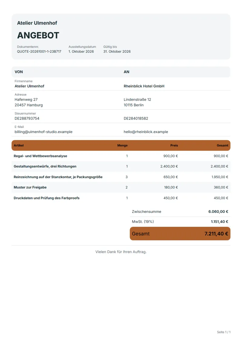 Angebot für Verpackungsdesign (kostenlos): ausgefülltes Beispiel mit Positionen, Mengen, Preisen und Gesamtbetrag