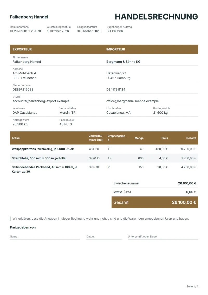 Handelsrechnung für Verpackungsmaterial (kostenlos): ausgefülltes Beispiel mit Positionen und Gesamtbetrag