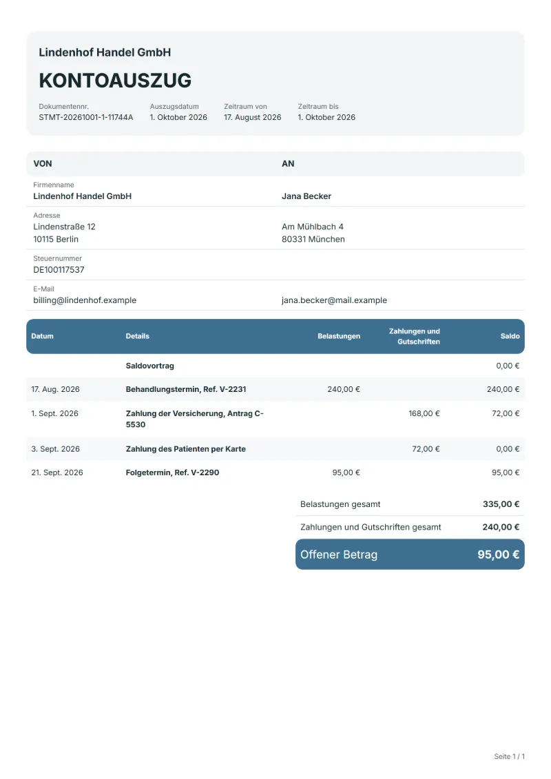 Patientenkontoauszug Vorlage (kostenlos): ausgefülltes Beispiel mit datierten Belastungen, Zahlungen und offenem Saldo