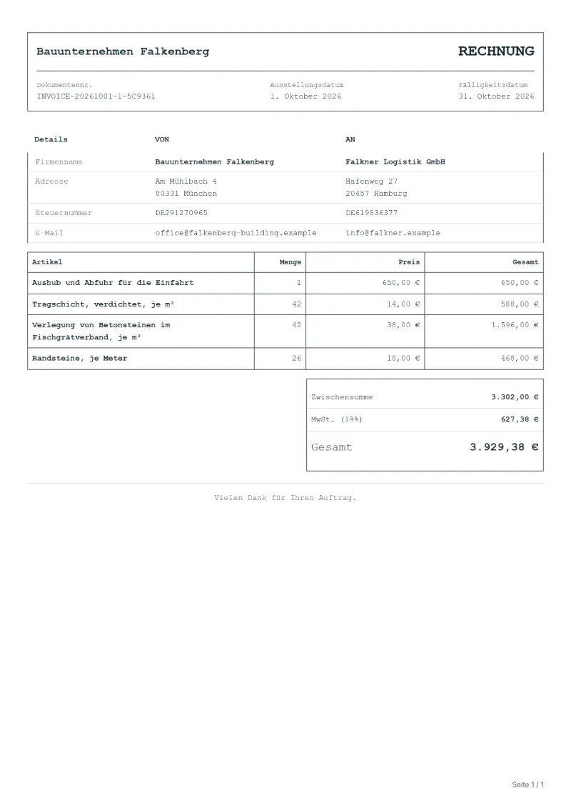 Rechnung für Pflasterarbeiten (kostenlos): ausgefülltes Beispiel mit Positionen, Mengen, Preisen und Gesamtbetrag