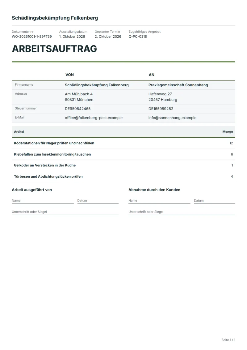 Arbeitsauftrag für Schädlingskontrolle (kostenlos): ausgefülltes Beispiel mit Positionen, Mengen und Unterschriftsfeld