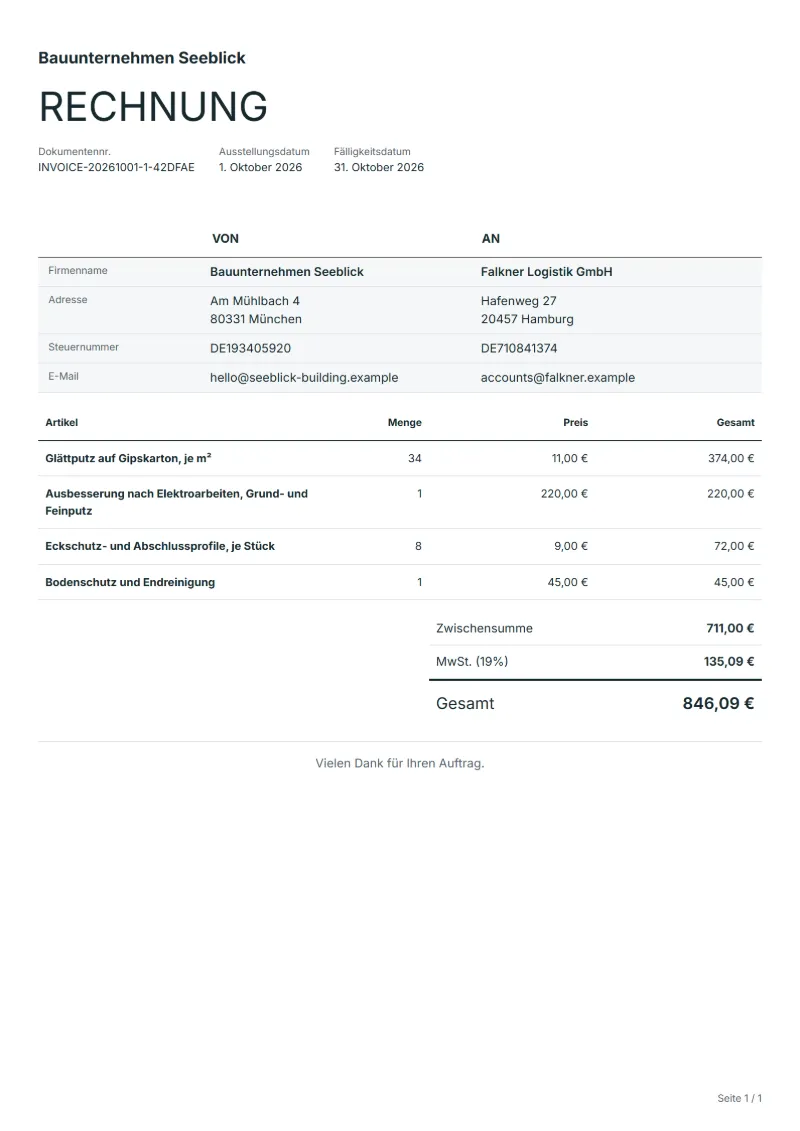 Rechnung für Stuckateur- und Putzarbeiten (kostenlos): ausgefülltes Beispiel mit Positionen, Mengen, Preisen und Gesamtbetrag
