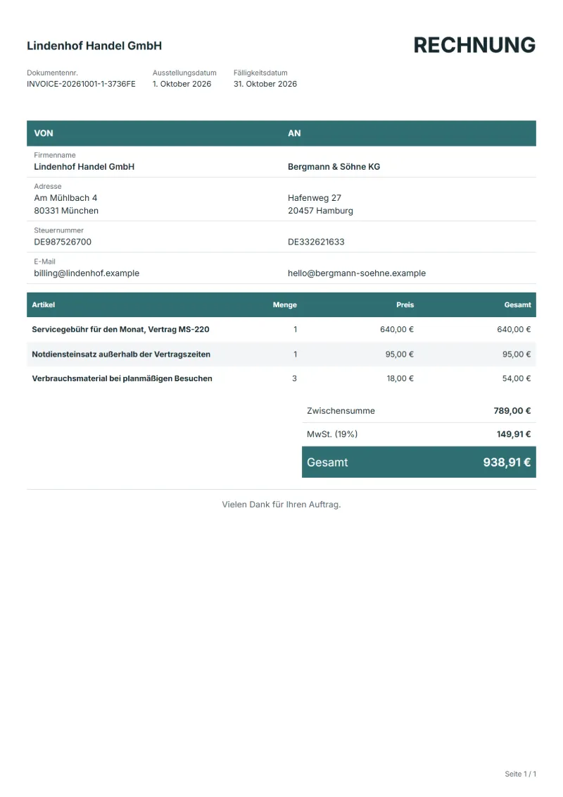 Monatsrechnung für Serviceverträge Vorlage (kostenlos): ausgefülltes Beispiel mit Positionen und Gesamtbetrag