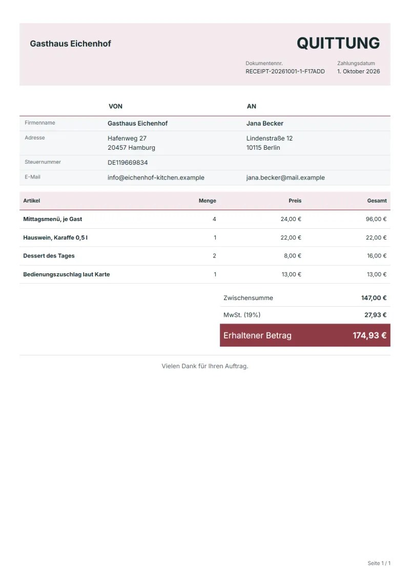 Restaurantquittung Vorlage (kostenlos): ausgefülltes Beispiel mit Positionen, Mengen, Preisen und Gesamtbetrag